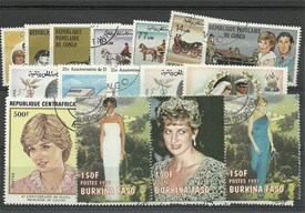 Lot de 25 timbres thematique " Lady Diana"